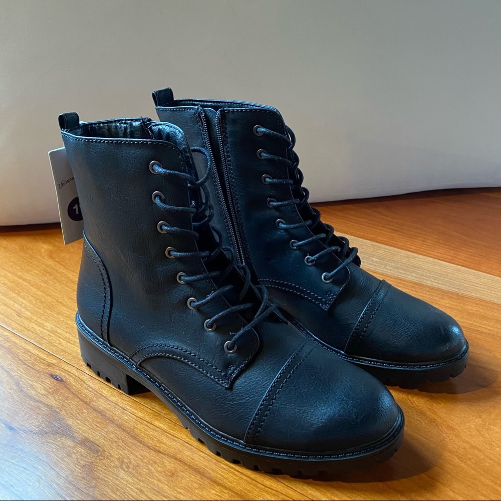 Black lace-up biker boots